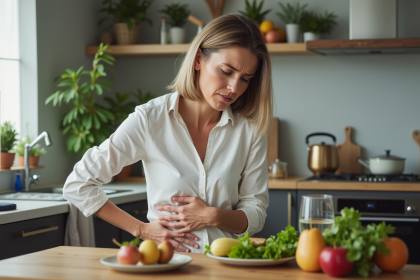 Femme inquiète en cuisine avec aliments sains et eau