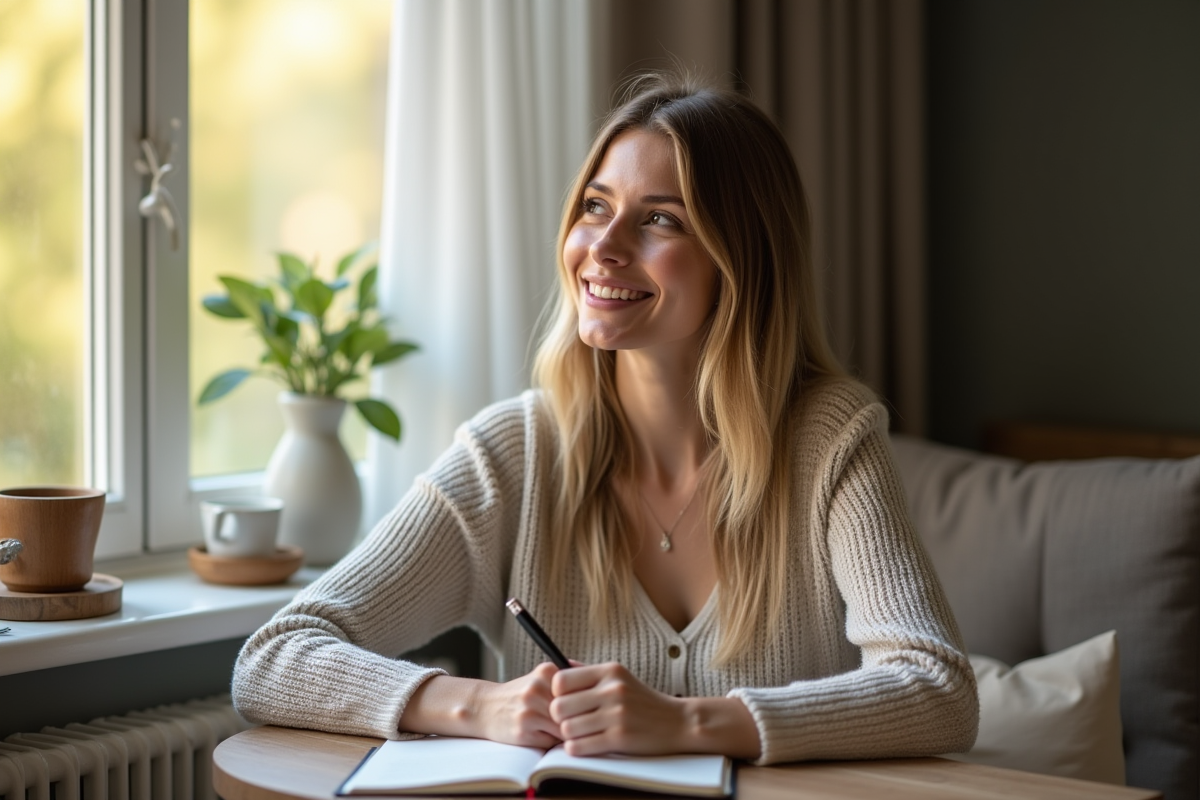 Femme en train de journaliser près d'une fenêtre ensoleillée