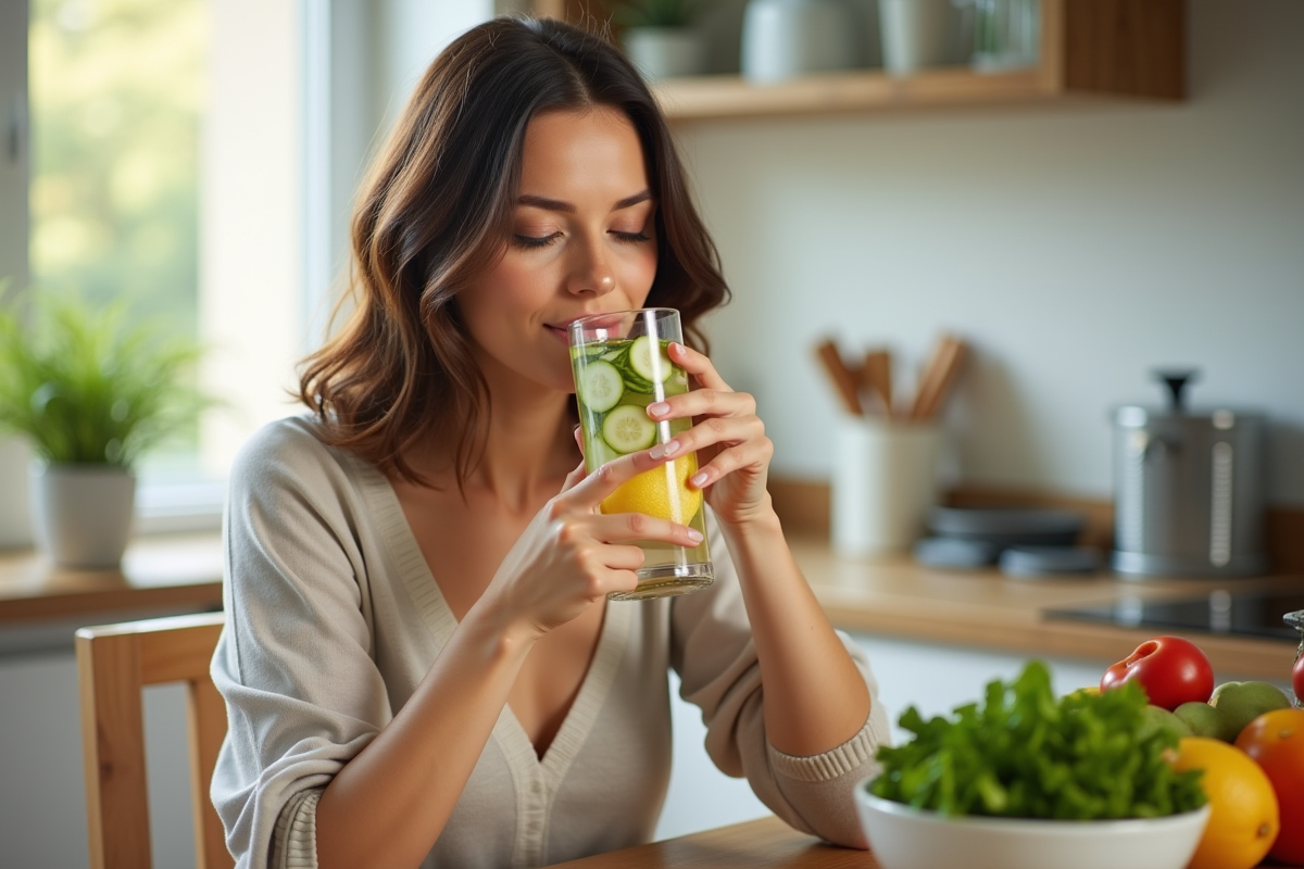 Femme buvant de l'eau citron-concombre au matin