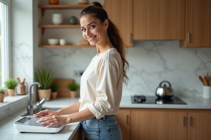 Femme en cuisine v&eacute;rifiant son poids sur une balance