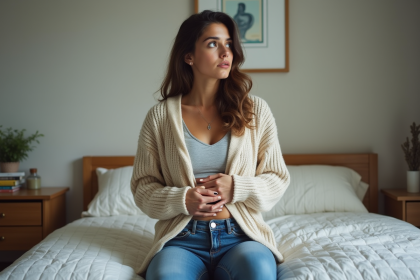 Femme pensive assise sur le lit dans une chambre calme