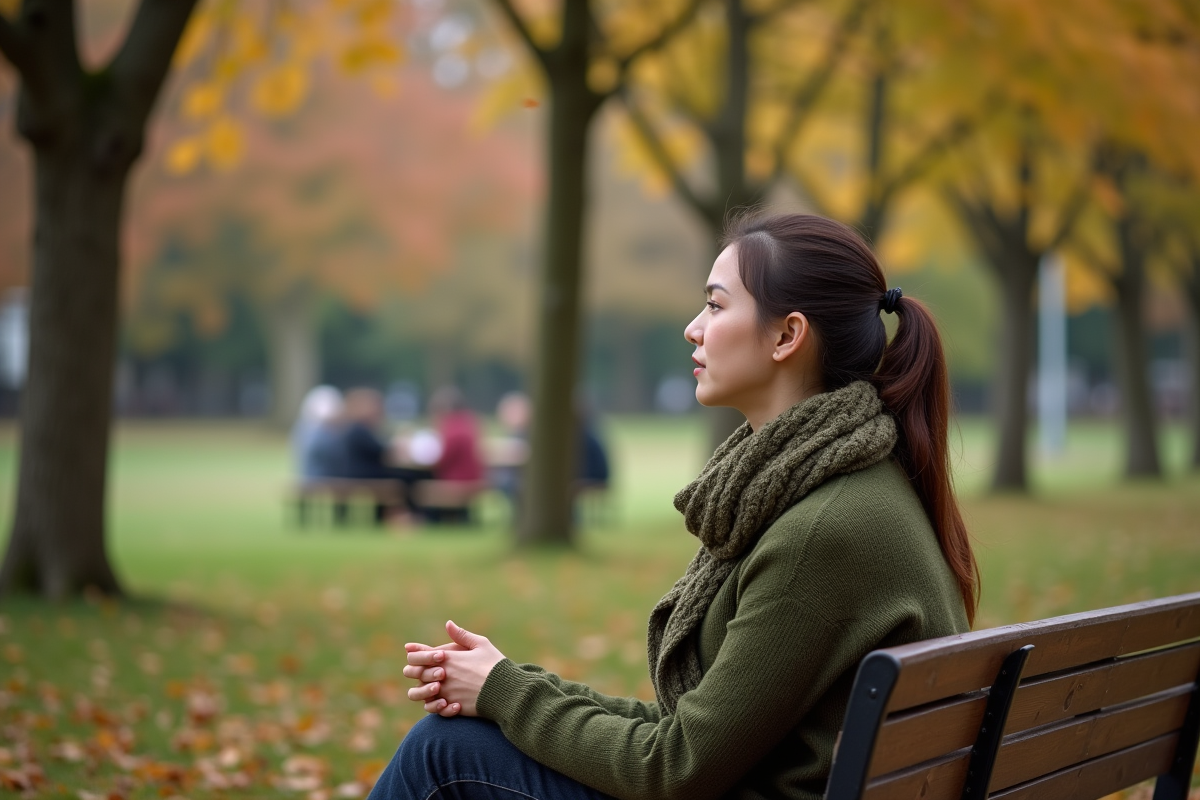 Jeune femme assise sur un banc de parc en réflexion