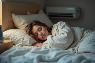 Jeune femme endormie dans son lit avec thermometre digital
