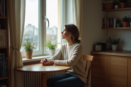 Femme méditant dans une cuisine chaleureuse et calme