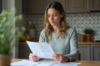 Femme en réflexion examinant des documents médicaux à la maison