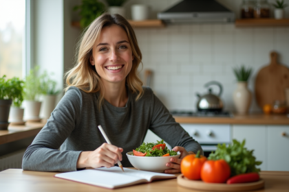 Femme souriante avec salade et journal alimentaire