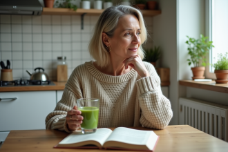 Femme méditant avec smoothie vert dans la cuisine