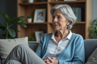 Femme senior regardant une photo de famille dans un salon