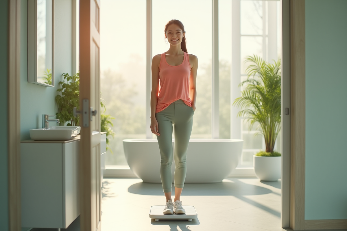 Femme sportive souriante sur une balance numérique dans une salle lumineuse