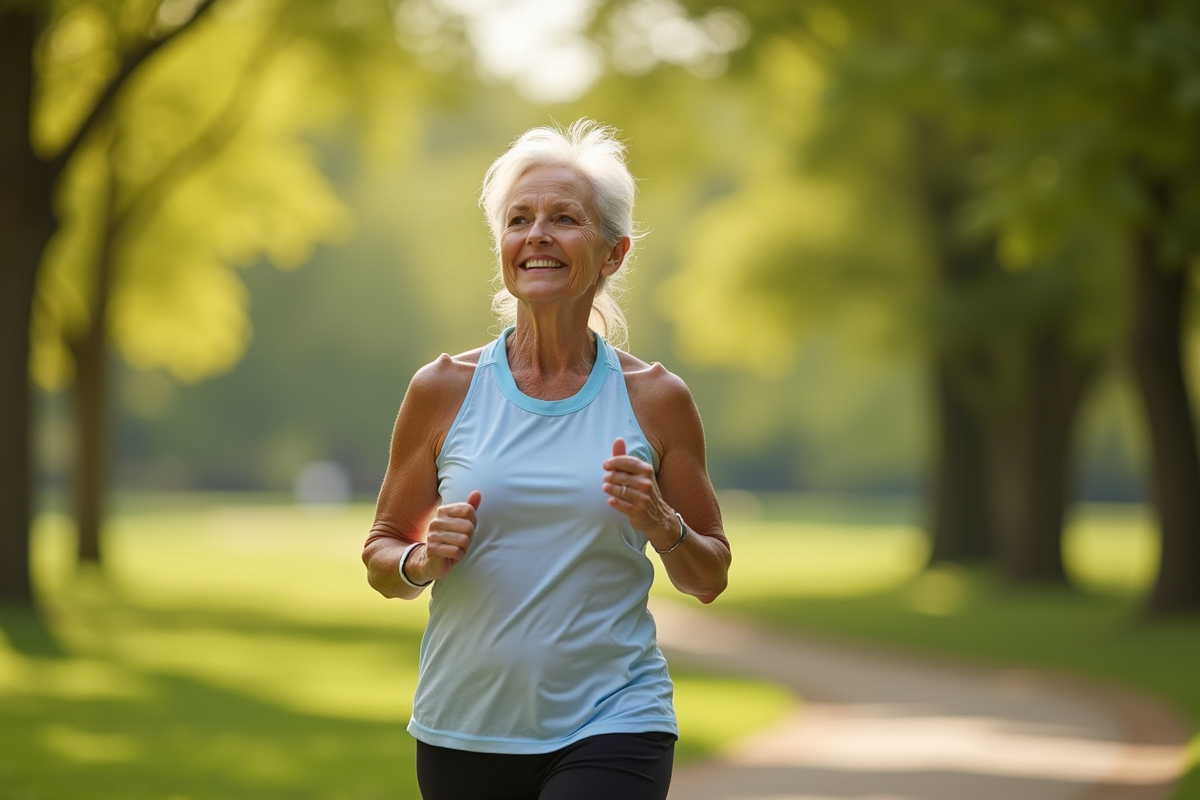 Femme senior active marchant dans un parc ensoleille