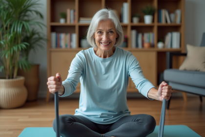 Femme senior en exercice de résistance dans son salon