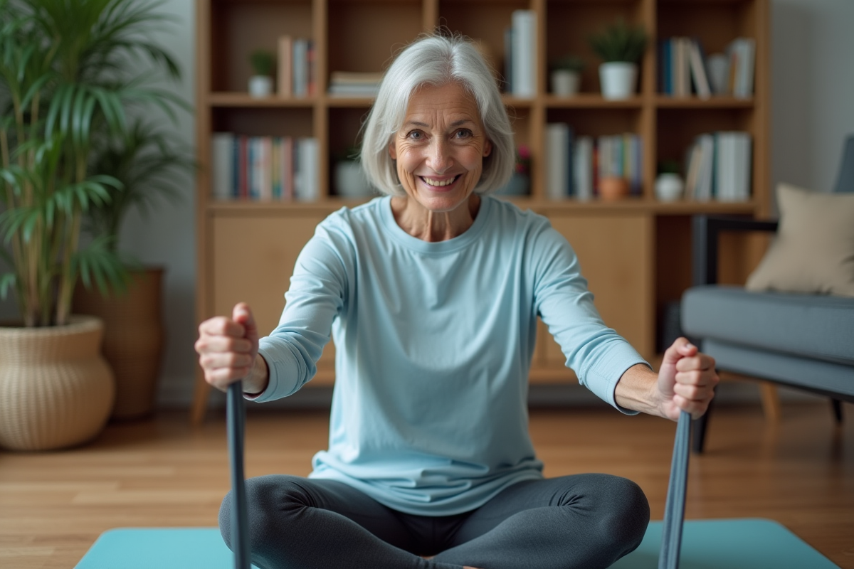 Femme senior en exercice de résistance dans son salon