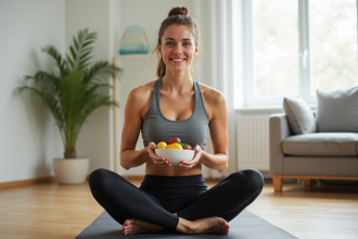 Femme sportive assise en yoga avec un bol de fruits frais