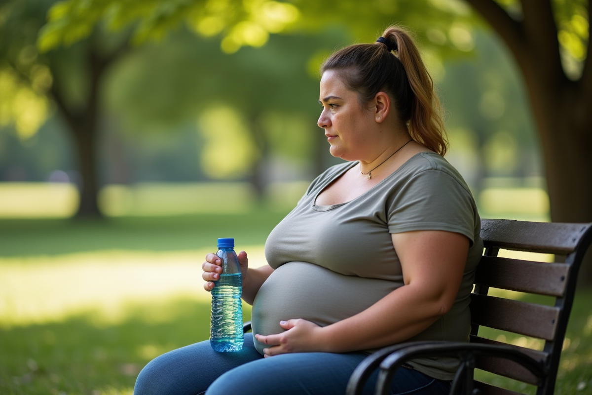 Femme en surpoids assise sur un banc dans un parc