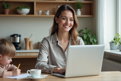 Femme au travail &agrave; la maison avec enfant et th&eacute;
