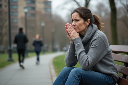 Femme assise sur un banc de parc en ville avec expression inquiète