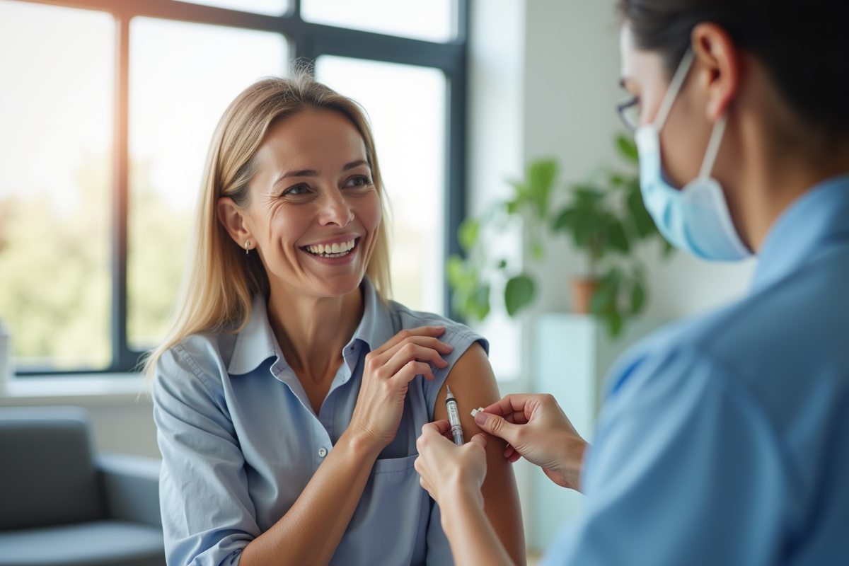 Femme d'âge moyen recevant un vaccin dans une clinique lumineuse