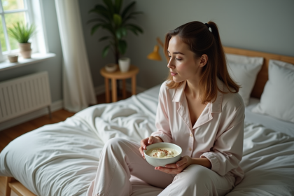 Femme en pyjama mangeant du yogourt dans une chambre calme