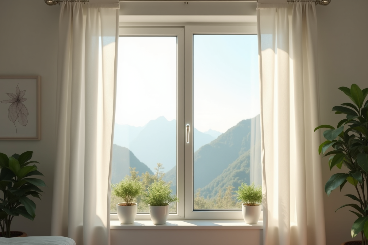 Fenêtre ouverte avec lumière du matin dans une chambre