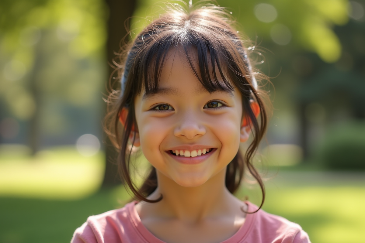 Jeune femme souriante dans un parc ensoleille avec traits Williams