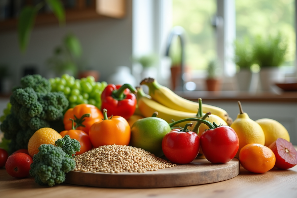 Fruits et légumes frais sur une table en bois