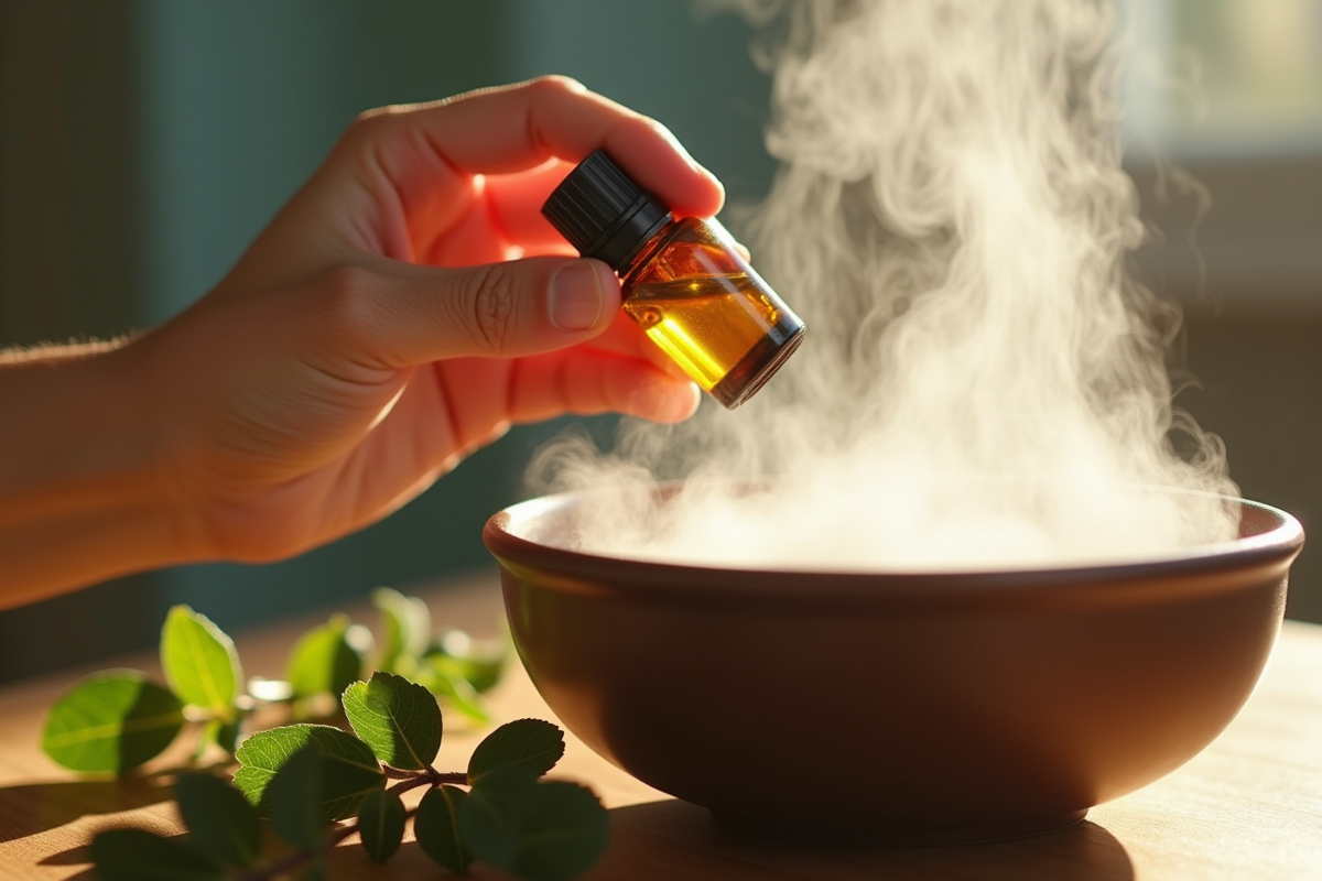 Main versant huile essentielle au-dessus d un bol vapeur