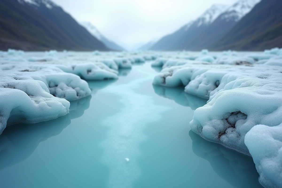 Glacier fondant alimentant une rivière turquoise en montagne