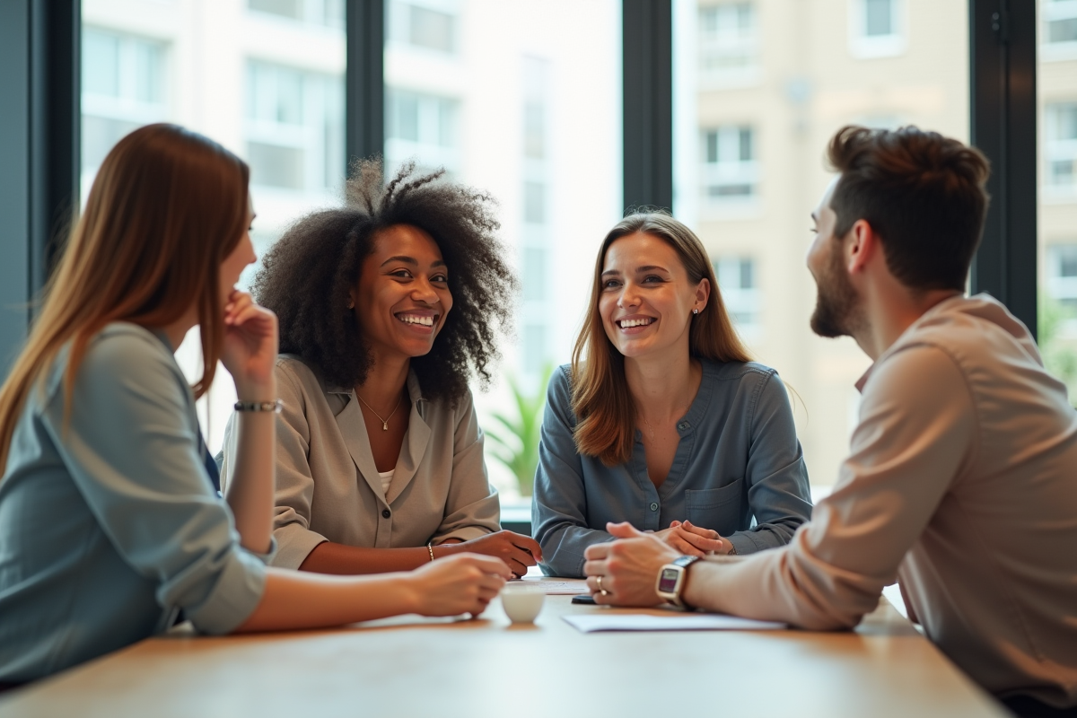 Quatre adultes confiants et créatifs autour d'une table lumineuse