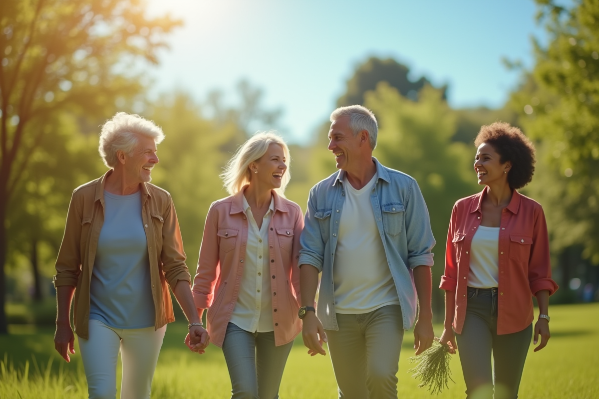 Groupe d'adultes souriants dans un parc ensoleille
