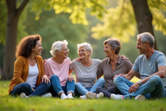 Groupe diversifié dans un parc pour le bien etre mental