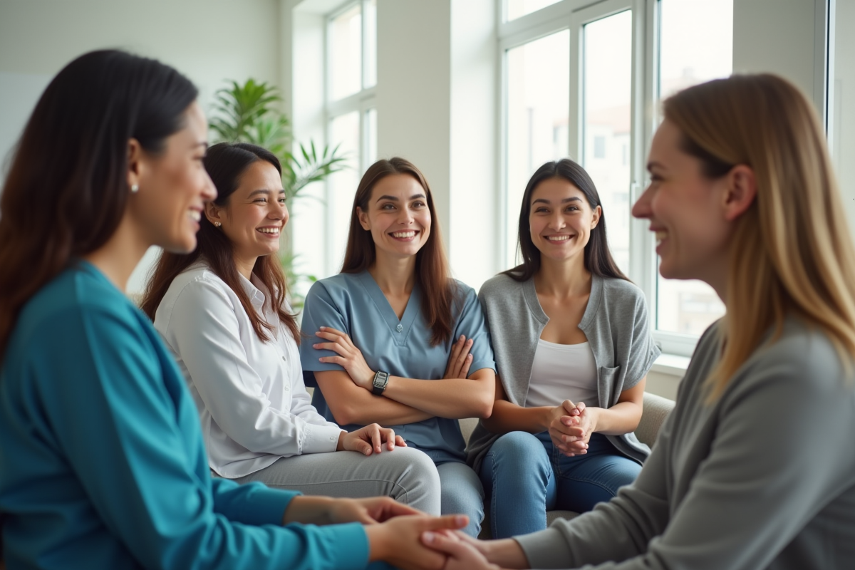 Groupe de personnes en consultation dans une clinique lumineuse