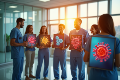 Groupe diversifié tenant des boucliers colorés symbolisant le système immunitaire