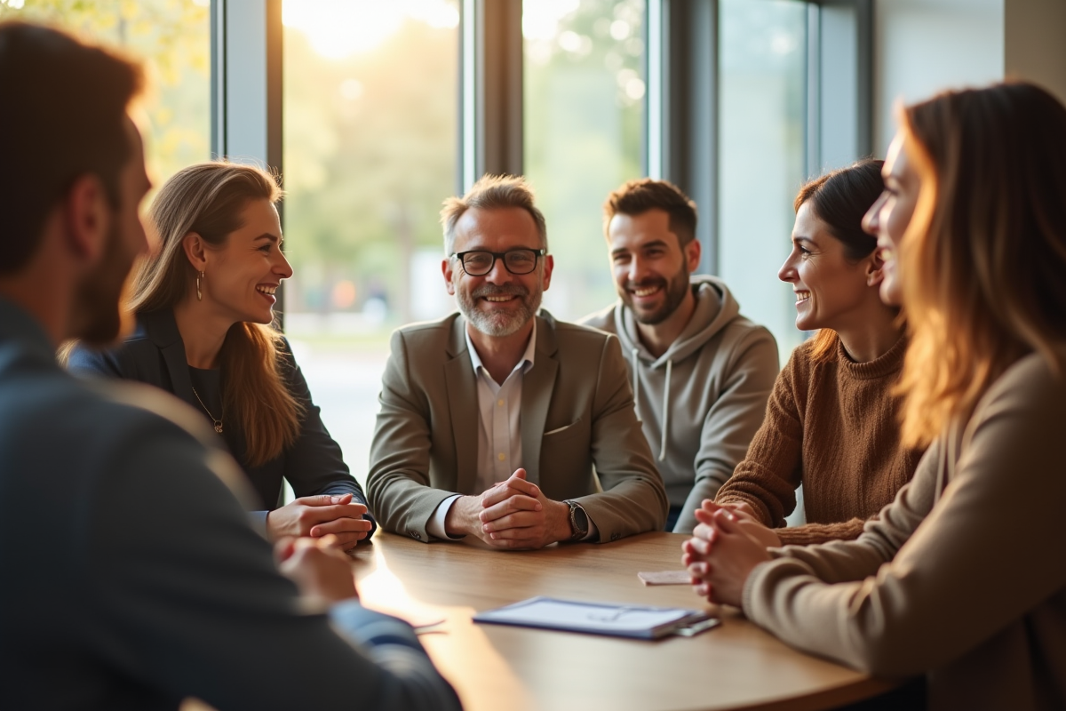 Groupe en discussion dans un espace communautaire lumineux