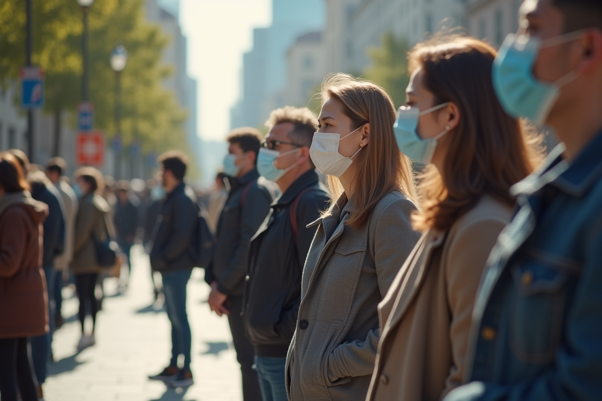 Groupe diversifié en espace public avec masques face au soleil