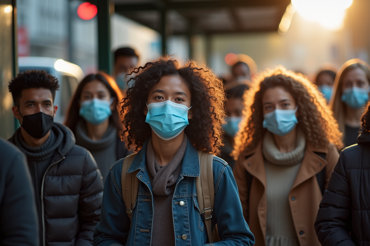 Groupe de personnes portant des masques à un arrêt de bus urbain