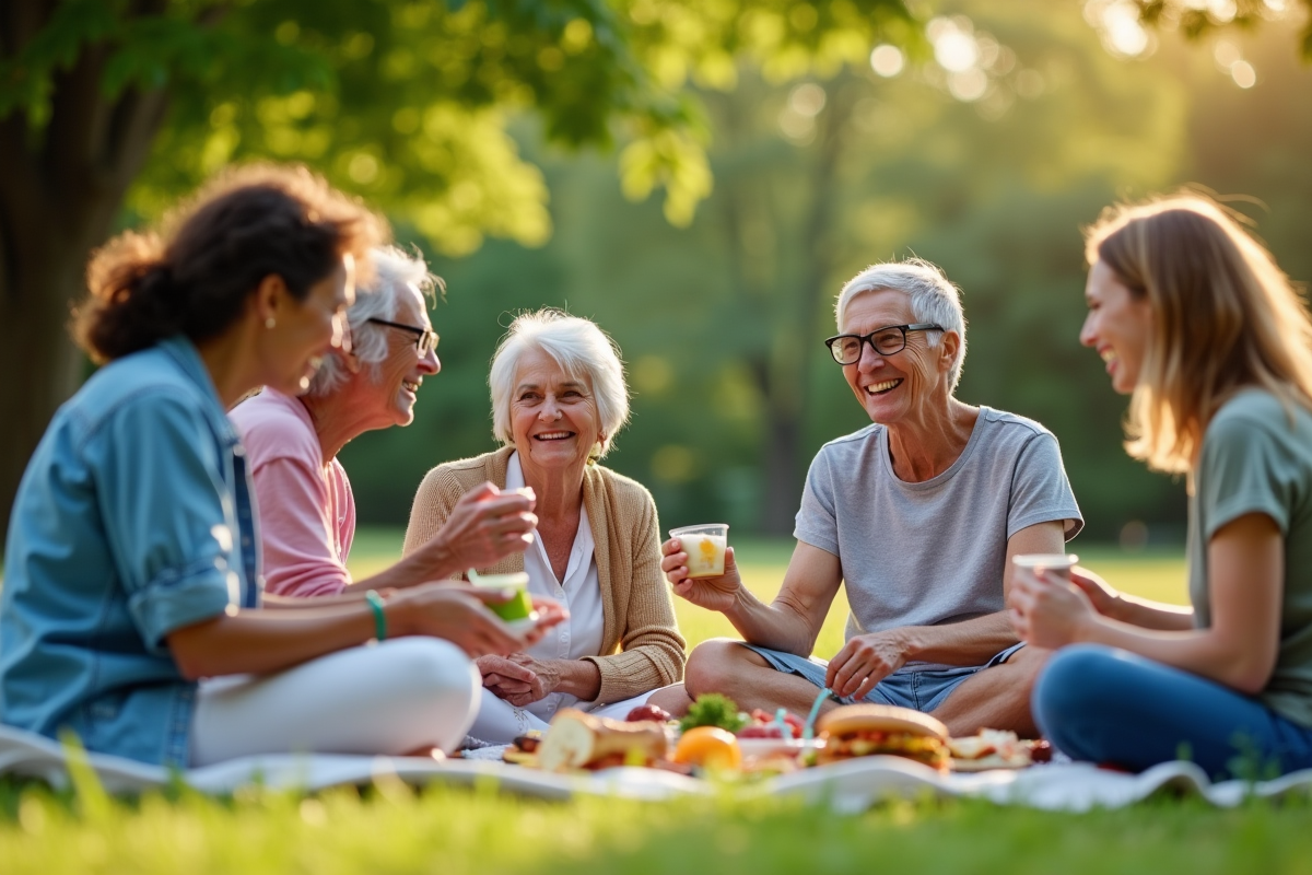 Groupe diversifié partageant un pique-nique en plein air dans un parc