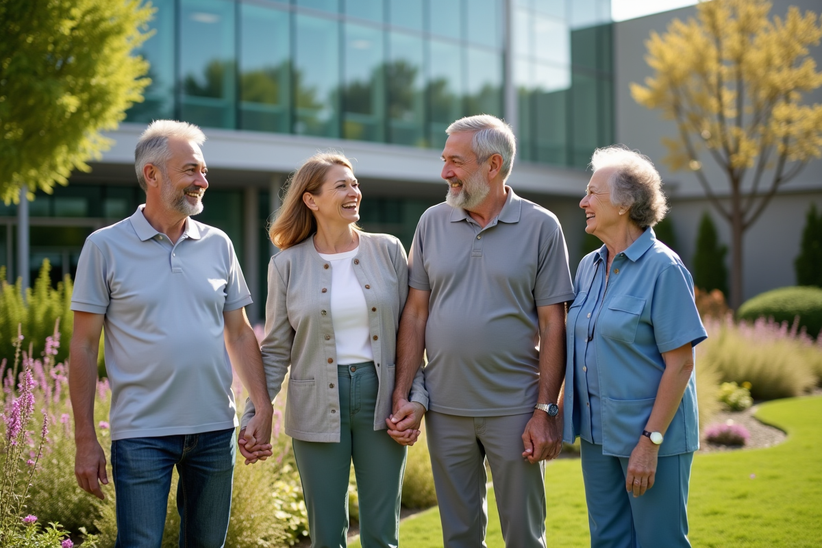 Groupe divers en extérieur devant centre médical