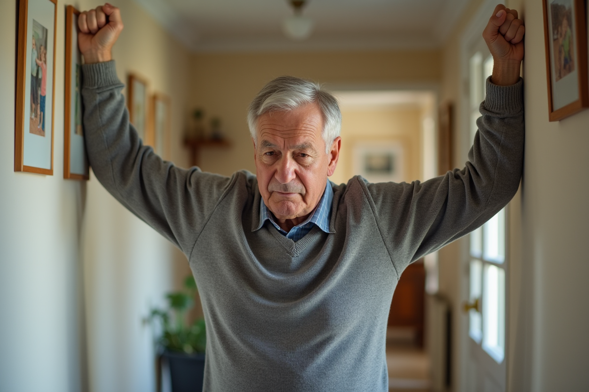 Homme senior faisant des pompes contre un mur dans un couloir lumineux
