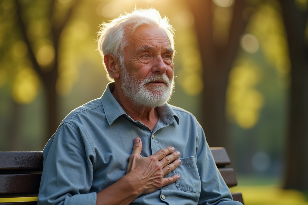 Homme age assis sur un banc de parc avec une expression inquiète