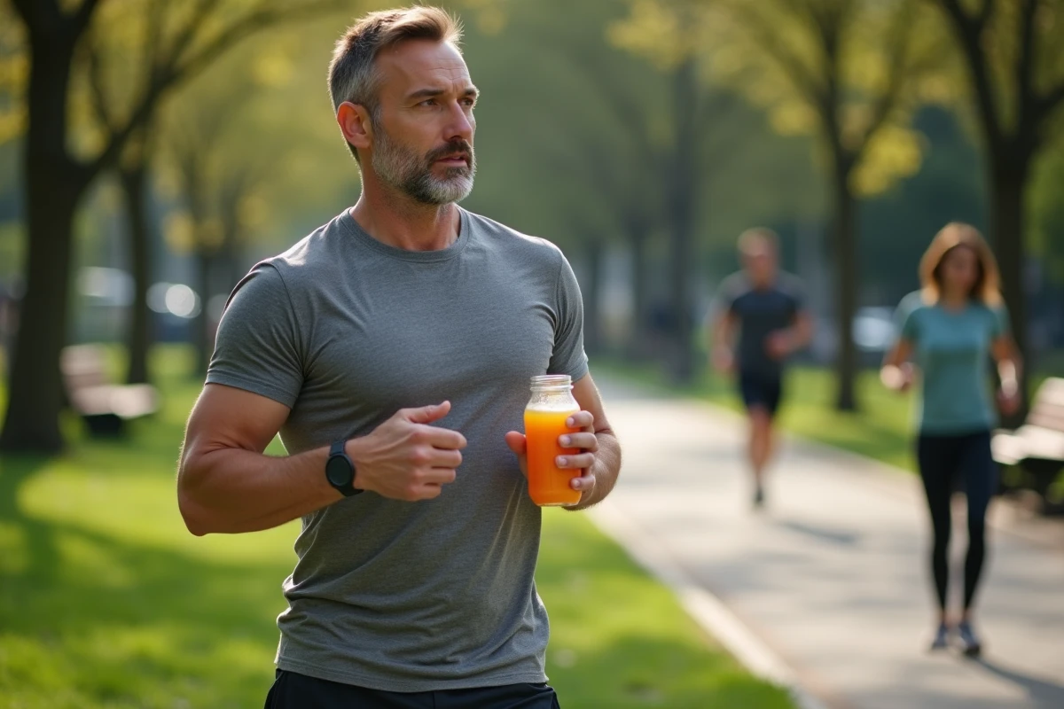 Homme en plein air buvant une boisson detox dans un parc urbain