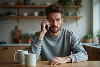 Jeune homme au téléphone dans une cuisine moderne