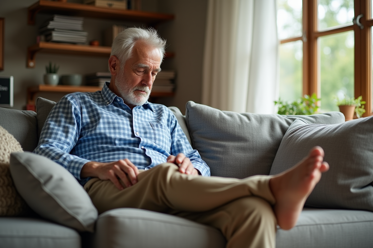 Homme âgé massant son mollet dans un salon chaleureux