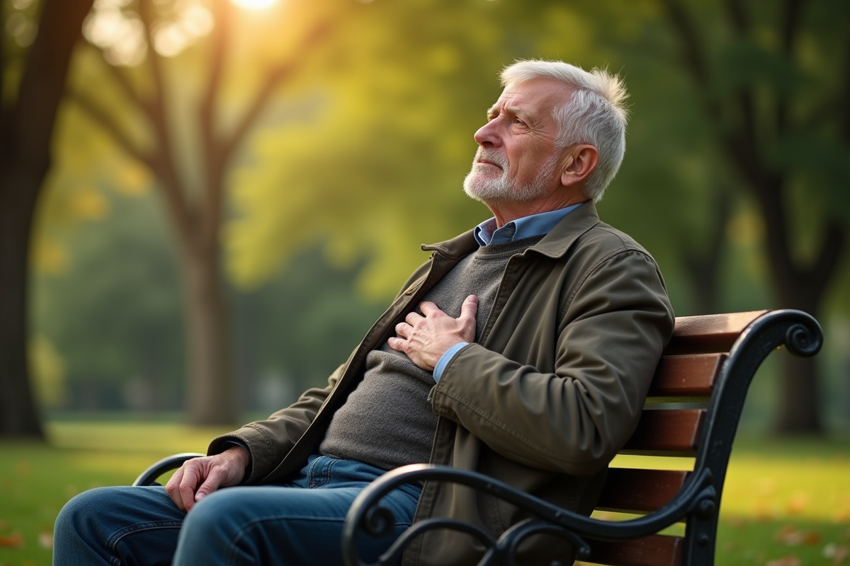 Homme age inquiet se tenant la poitrine dans un parc
