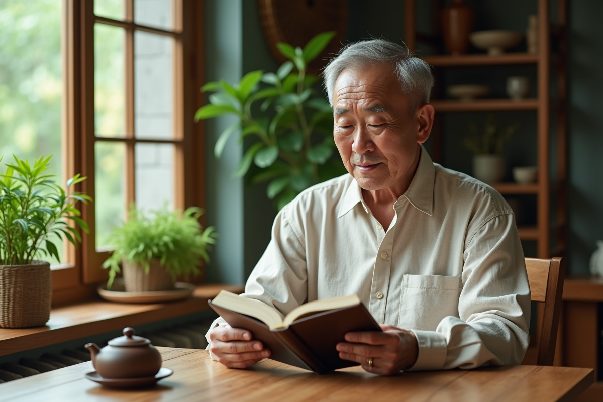 Homme asiatique boit du thé chinois dans sa cuisine