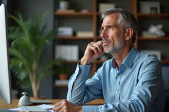 Homme d'âge moyen pensif au bureau moderne
