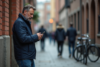 Homme d'âge moyen dans la ville vérifiant son téléphone