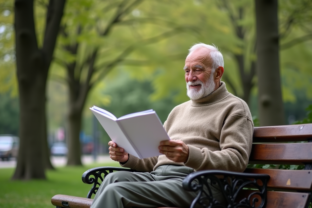 Homme âgé lit un certificat de vaccination dans un parc