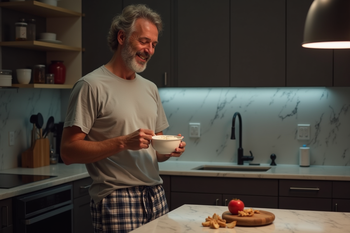 Homme en pyjama remuant du yogourt dans une cuisine moderne