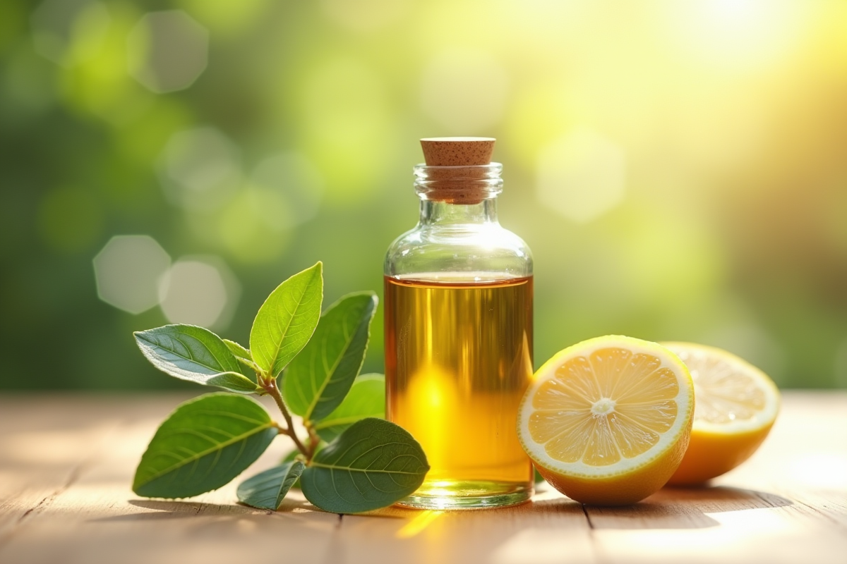 Petite bouteille d'huile essentielle avec eucalyptus et citron