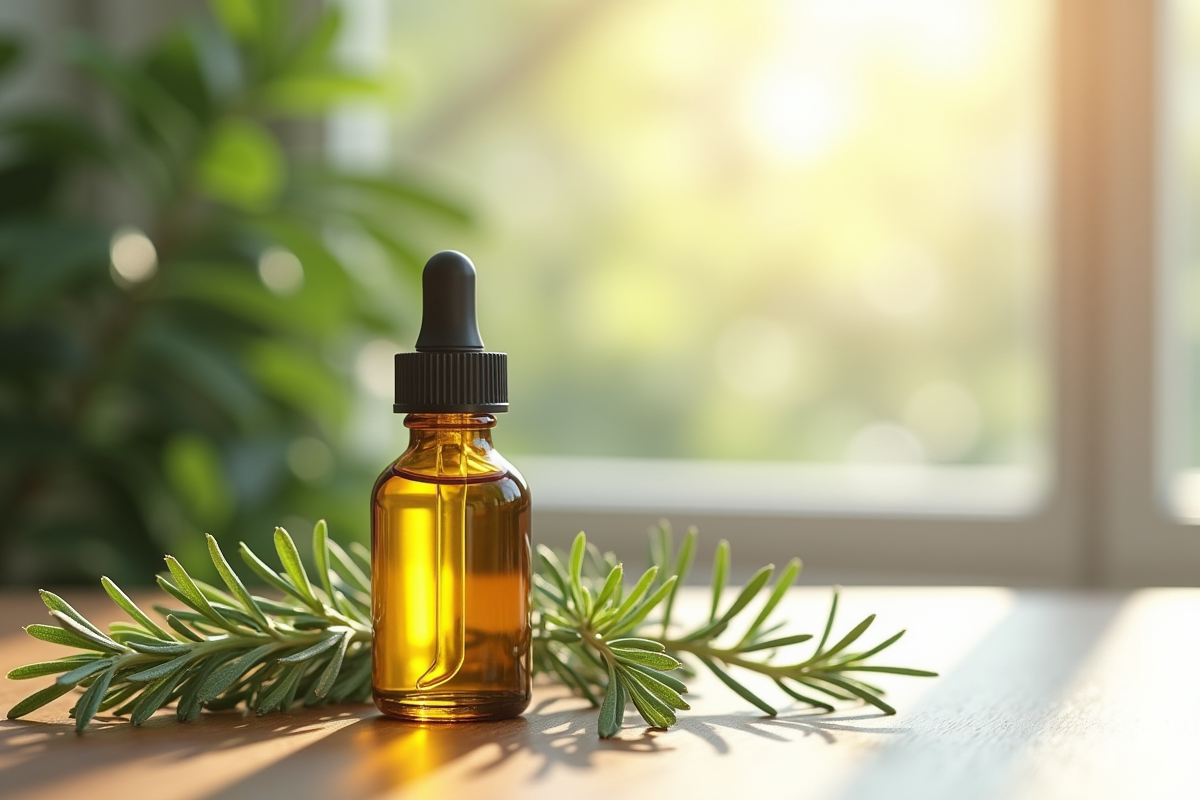 Bouteille d'huile essentielle avec goutte à côté de feuilles de romarin et eucalyptus